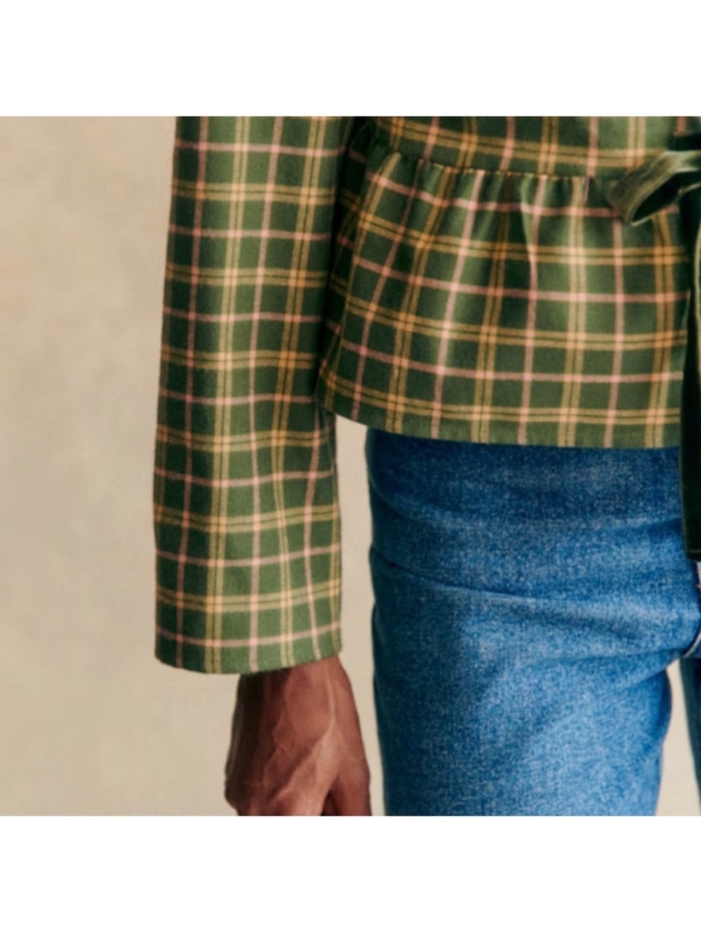 Sezane Brenda Plaid Blouse Checkered Tie Front Fall Top Velvet Green Size Medium - Picture 5 of 13